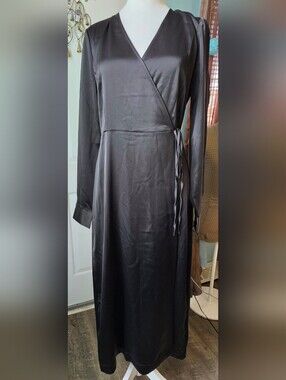 Y.A.S Asos Pella Satin Wrap Midi Dress Womens S Black Long Sleeve Classic Sleek